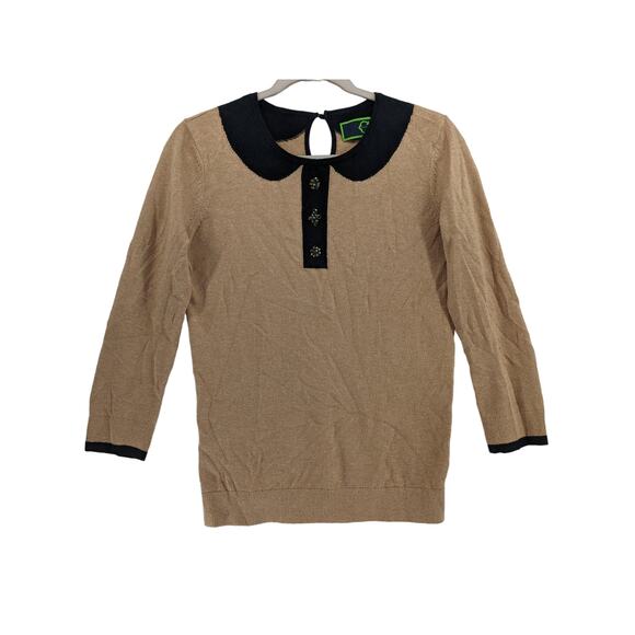Wonder Knit Sweater XS Beige Black Contrast Collar Wool Keyhole Crew Neck Office - Picture 1 of 8